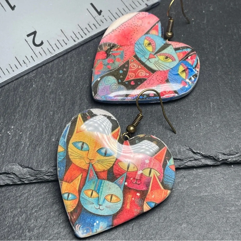 Laurel Burch Inspired Colorful Cat Heart Handmade Clay Earrings